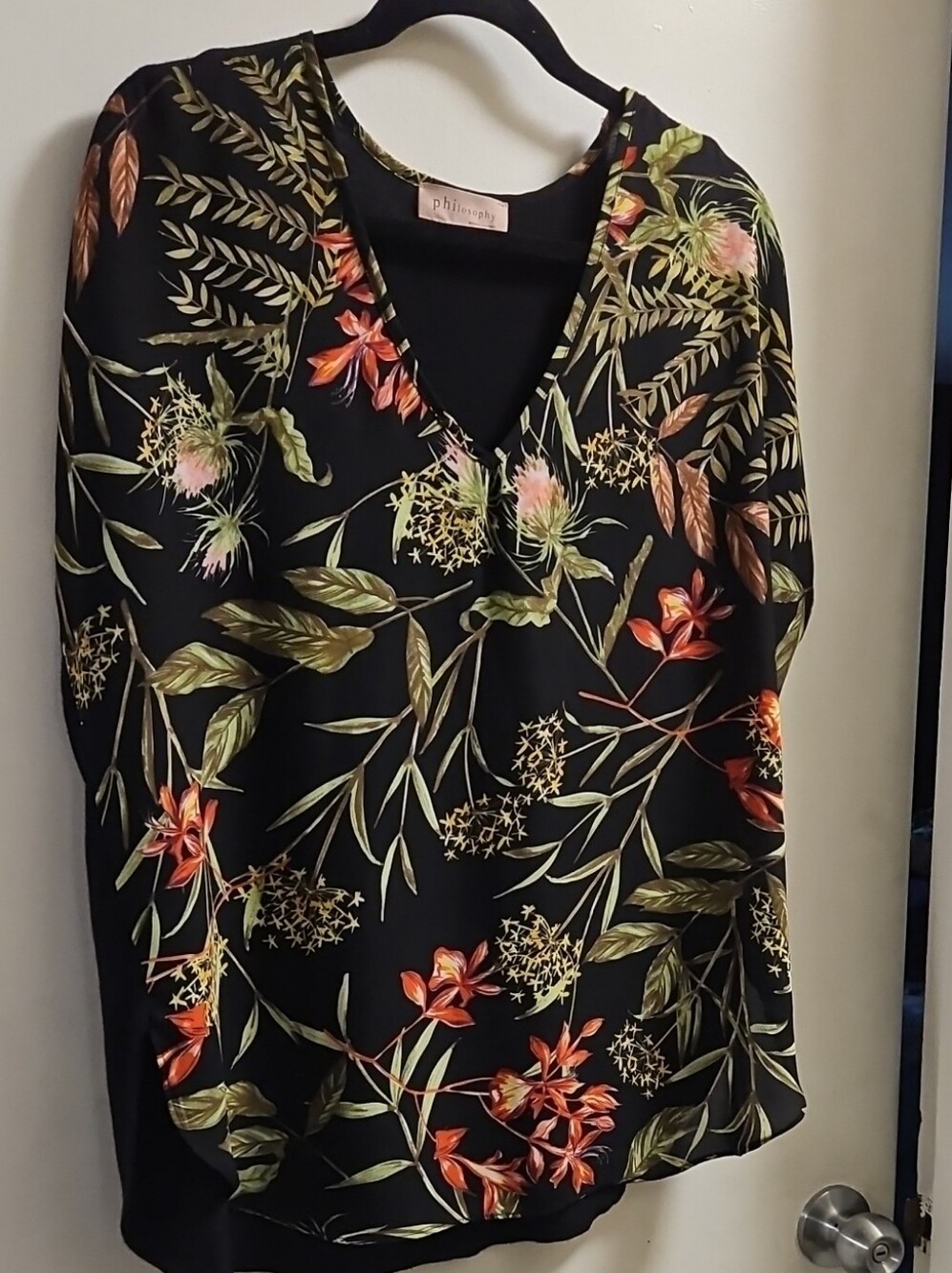 Philosophy Black Floral V-Neck Top with Green and Orange Accents